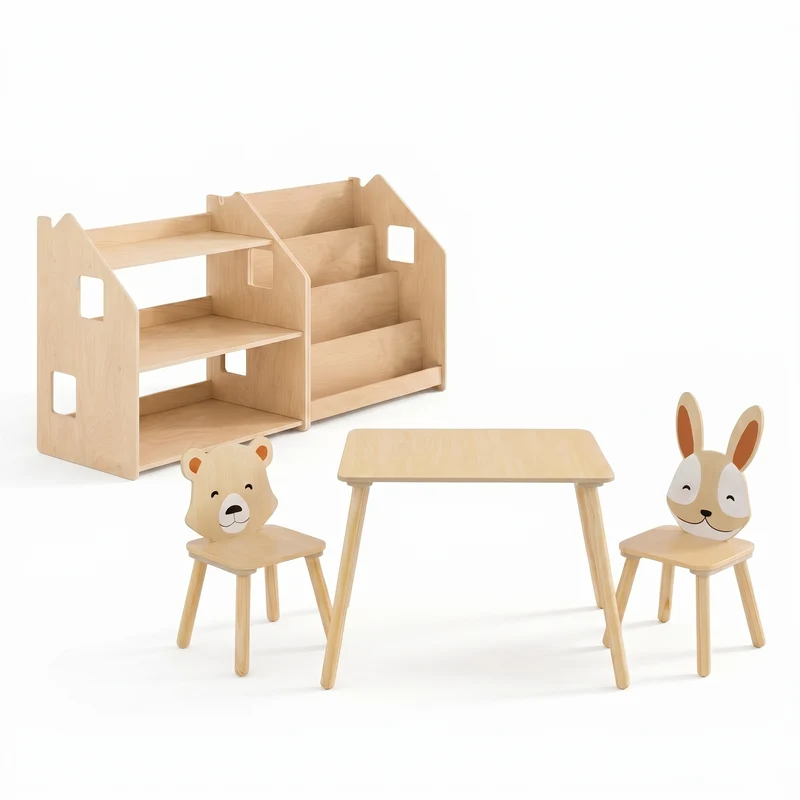 Bibliothèque + étagère à jouets + Table enfant avec 2 chaises, Ensemble BusyKids