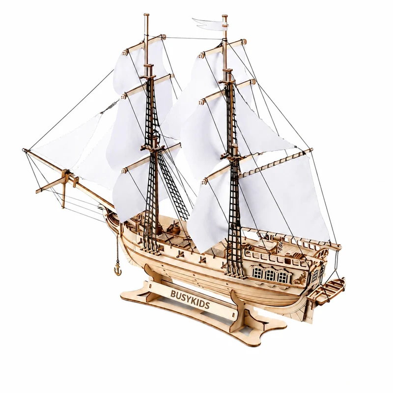 Brigantin en bois à construire – puzzle 3D 311 pièces, maquette de bateau avec voiles et gréement, kit de modélisme dès 12 ans | BusyKids