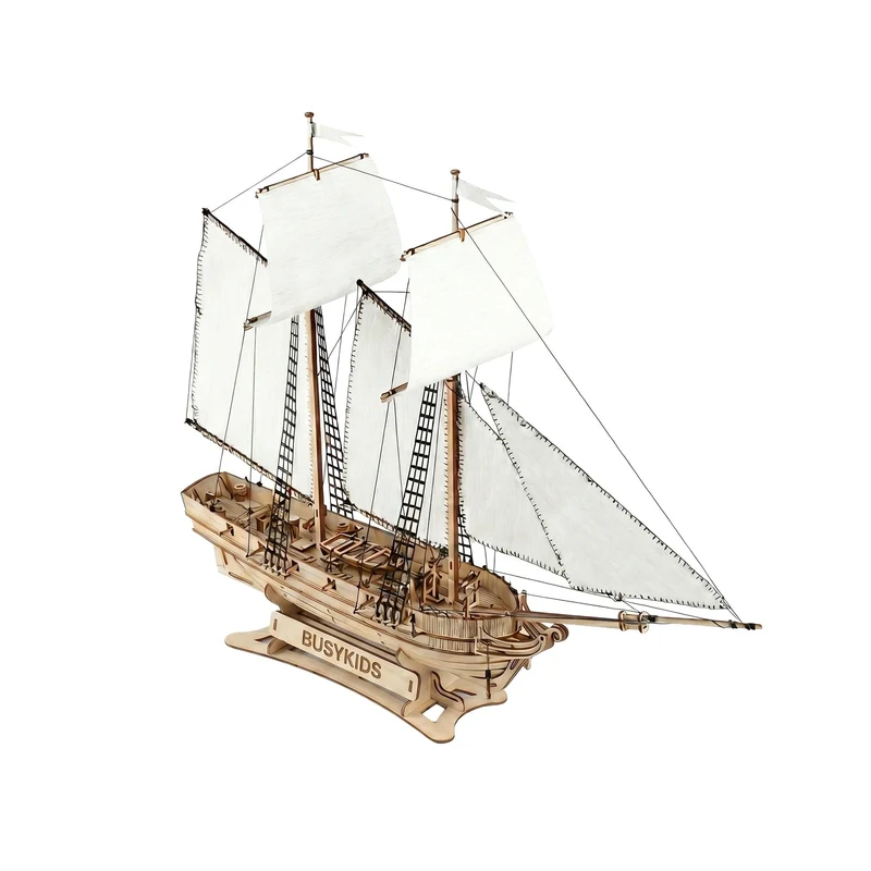 Goélette en bois à construire – puzzle 3D 292 pièces, maquette de bateau avec voiles et gréement, kit de modélisme dès 12 ans | BusyKids
