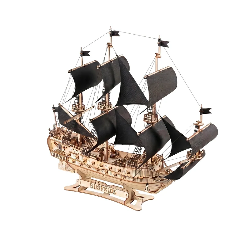 Galion en bois à construire avec LED – puzzle 3D 583 pièces, maquette de bateau lumineuse avec voiles et gréement, dès 12 ans | BusyKids