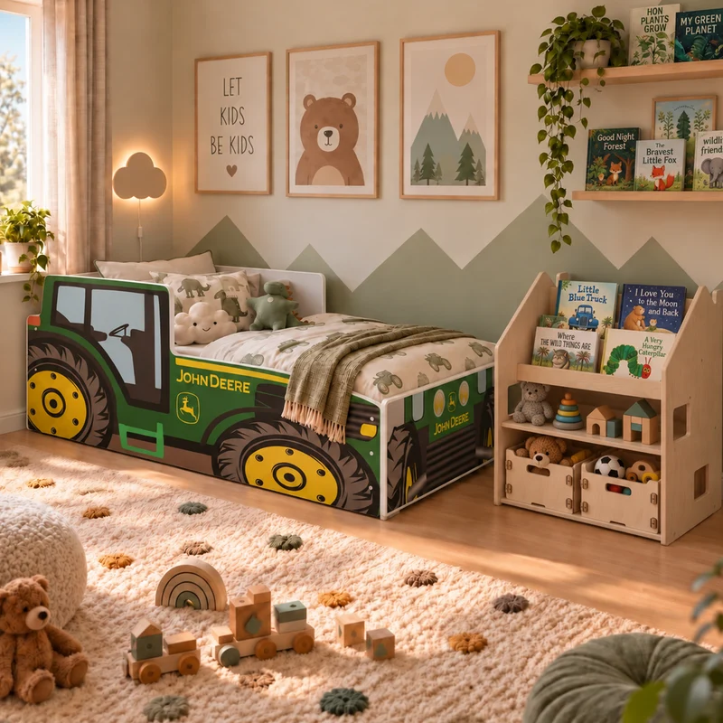 Lit tracteur FARMI avec étagère et boîtes, Ensemble BusyKids