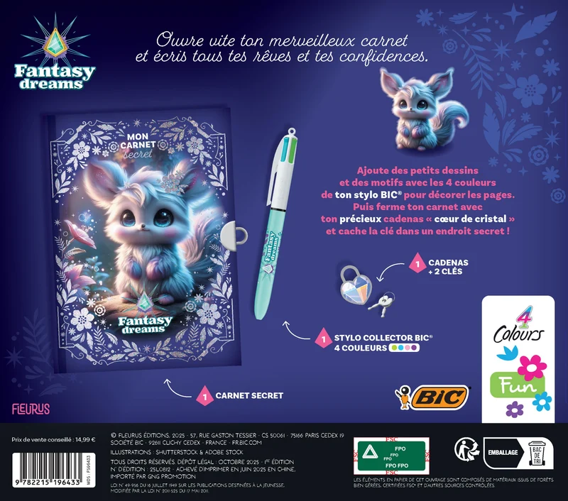 Coffret Carnet Secret Fantasy Dreams – Forêt Magique | Cadenas Cœur + Stylo BIC Collector