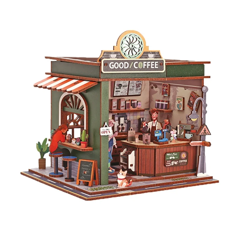 Maquette 3D Bois Vitrine Coffee Shop – Café Miniature Lumineux DIY