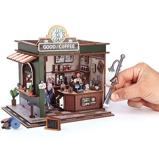 Maquette 3D Bois Vitrine Coffee Shop – Café Miniature Lumineux DIY