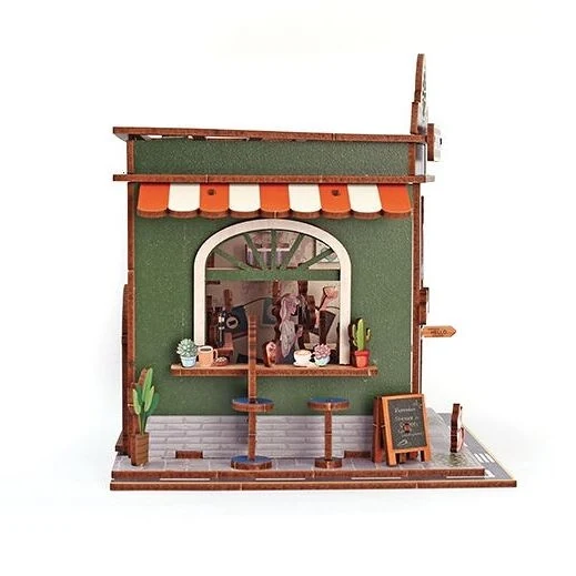 Maquette 3D Bois Vitrine Coffee Shop – Café Miniature Lumineux DIY