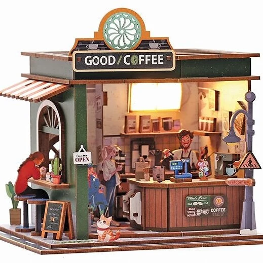 Maquette 3D Bois Vitrine Coffee Shop – Café Miniature Lumineux DIY