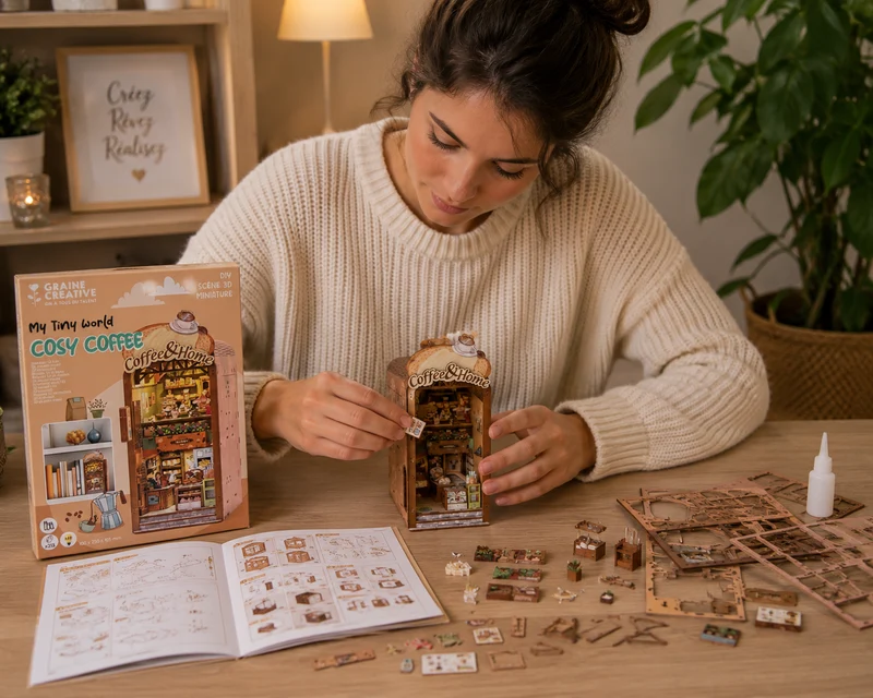 Maquette 3D Bois Cosy Coffee – Café Miniature Lumineux DIY Graine Créative