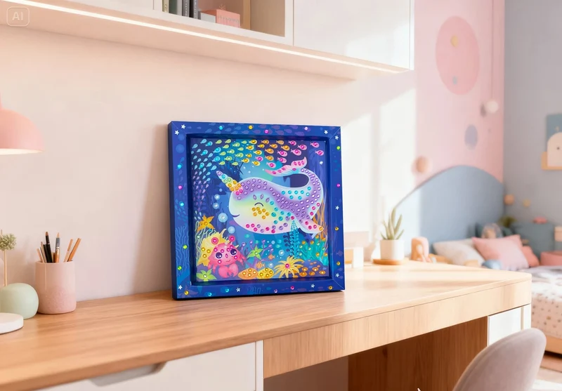 Tableau en Strass Baleine Licorne – Kit Créatif avec Plus de 300 Strass et Cadre