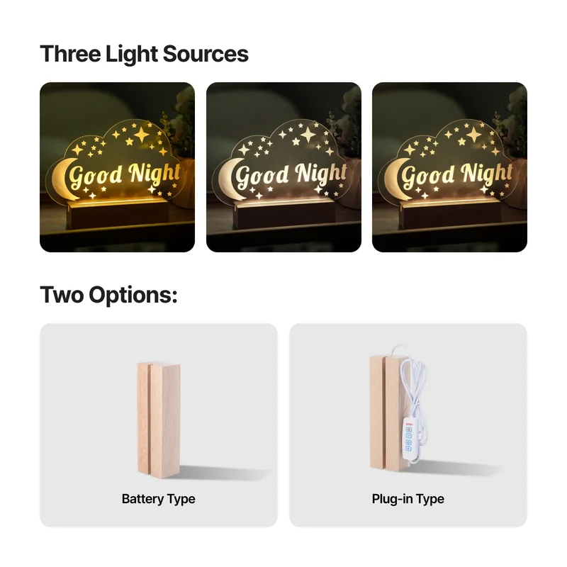 Embase Lumineuse LED Rectangulaire en Bois d'Hévéa avec Fente
