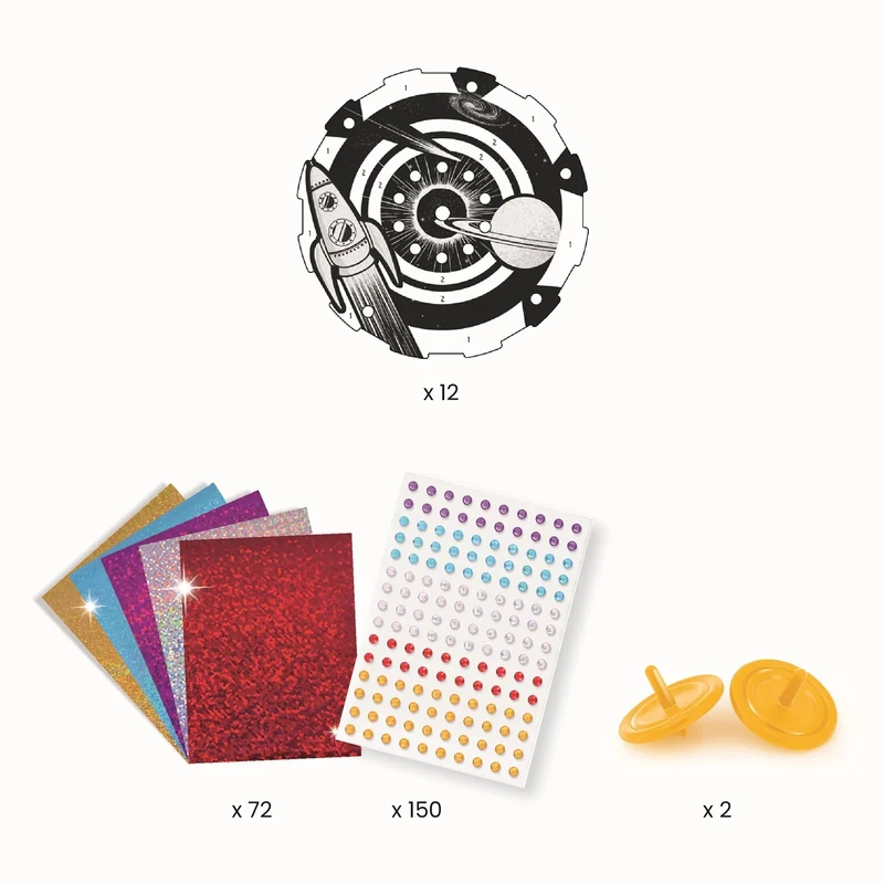 DIY Gyroscopes Hypno Cosmos Djeco – Kit Créatif 12 Toupies Métallisées Espace