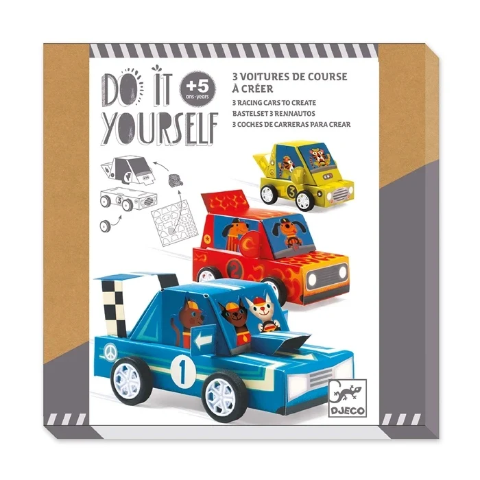 DIY Voitures de Course à Créer Djeco – Kit Créatif Enfant 3 Voitures à Personnaliser