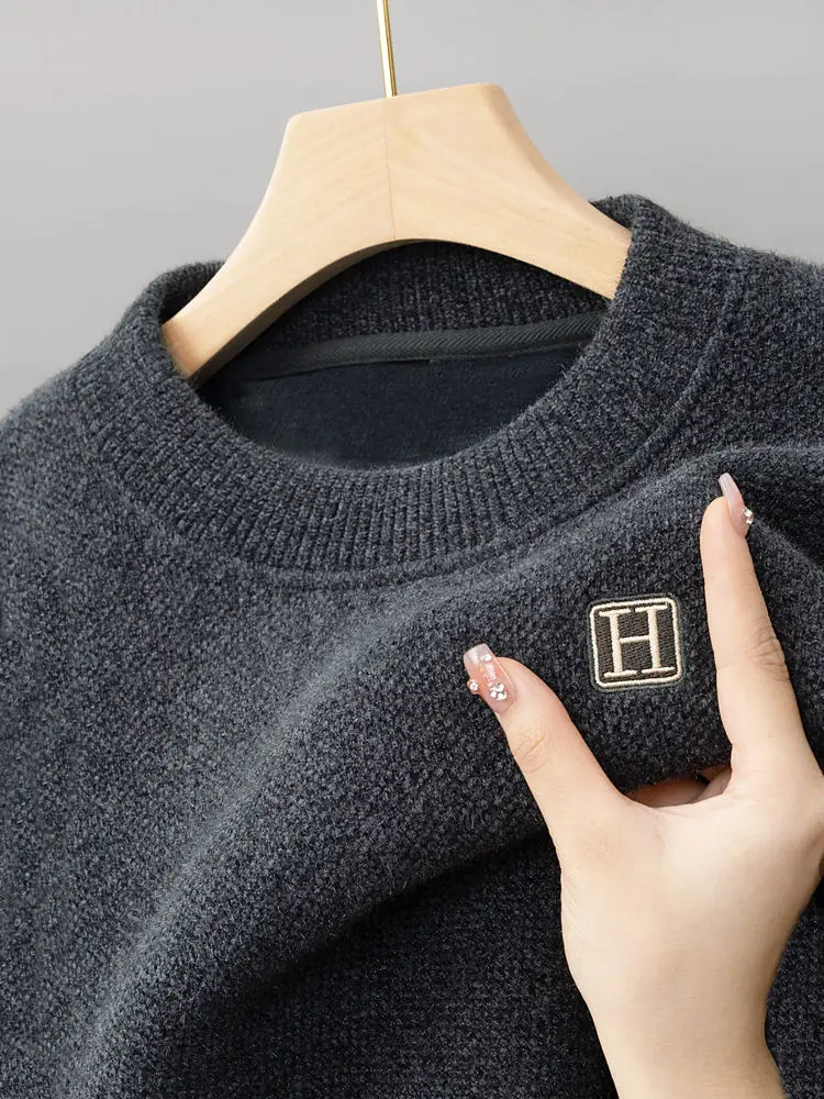 Pull en Maille à Col Rond et Logo Brodé Homme