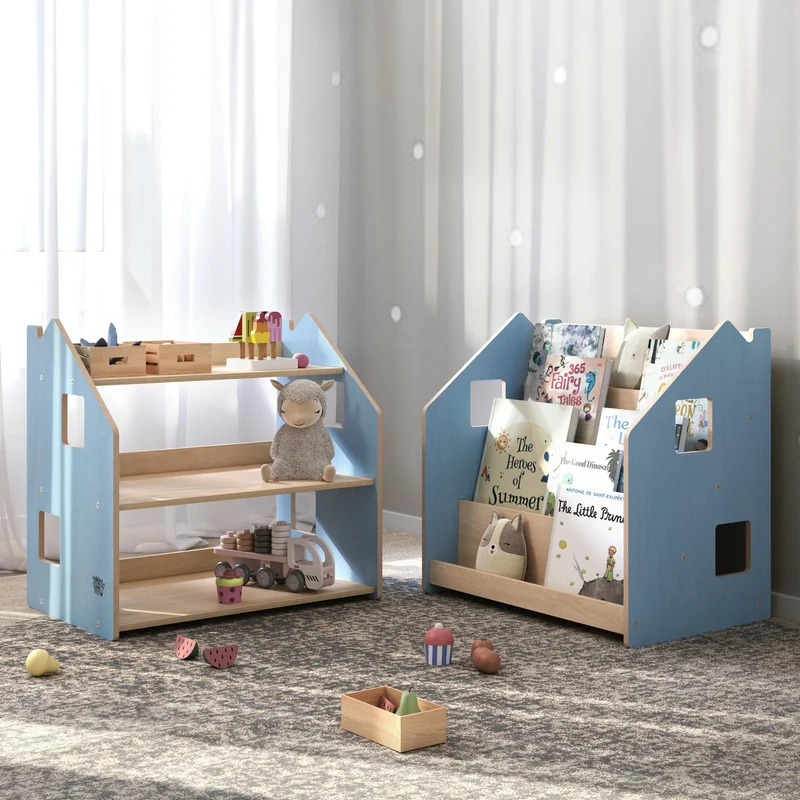 Ensemble - Bibliothèque enfant + Étagère à jouets - Couleur bleu clair / rose