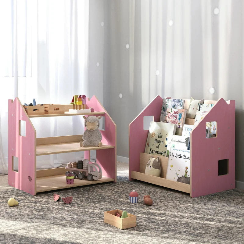 Ensemble - Bibliothèque enfant + Étagère à jouets - Couleur bleu clair / rose