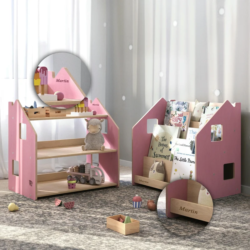 Ensemble - Bibliothèque enfant + Étagère à jouets - Couleur bleu clair / rose