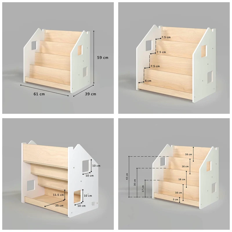 Ensemble - Bibliothèque enfant + Étagère à jouets - Blanc et Gris