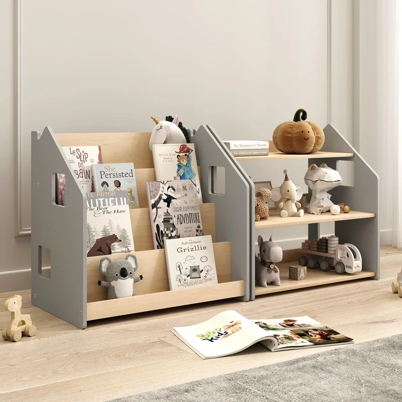 Ensemble - Bibliothèque enfant + Étagère à jouets - Blanc et Gris