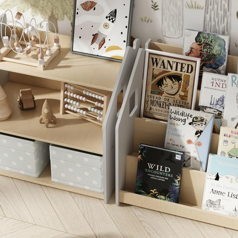 Ensemble - Bibliothèque enfant + Étagère à jouets - Blanc et Gris