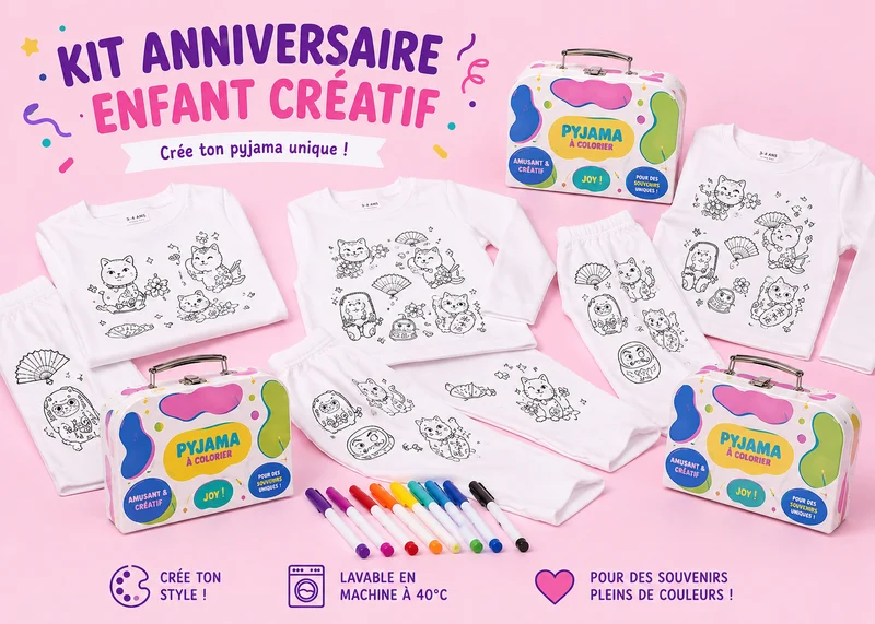 Kit Anniversaire Pyjama à Colorier Chat Porte-Bonheur – Activité Créative Enfant | Joy Cadeaux