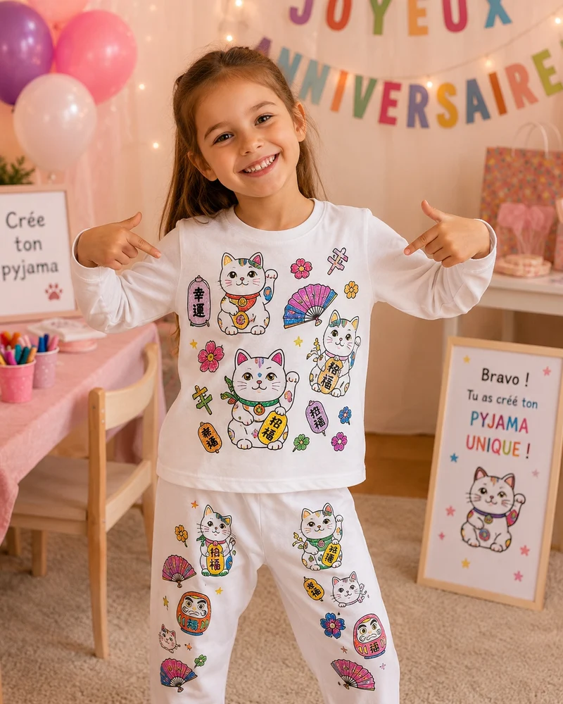 Kit Anniversaire Pyjama à Colorier Chat Porte-Bonheur – Activité Créative Enfant | Joy Cadeaux