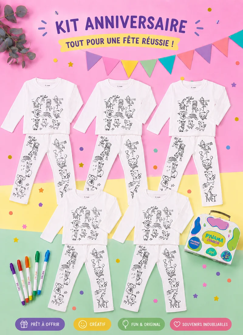 Kit Anniversaire Pyjama à Colorier Animaux Rigolos – Activité Créative Enfant
