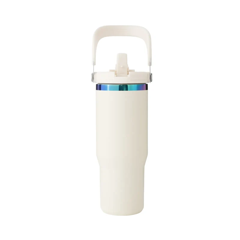 Gobelet en acier inoxydable avec poignée et paille, coloris crème blanc à irisé (0,9 L)