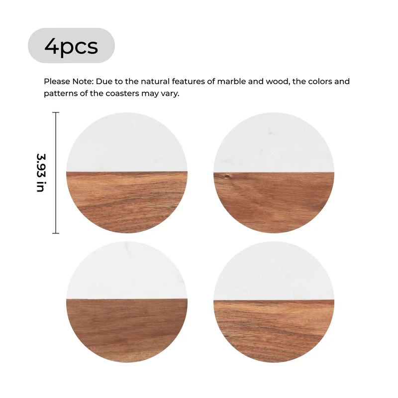 Sous-verres ronds en marbre blanc et bois (4 pcs)