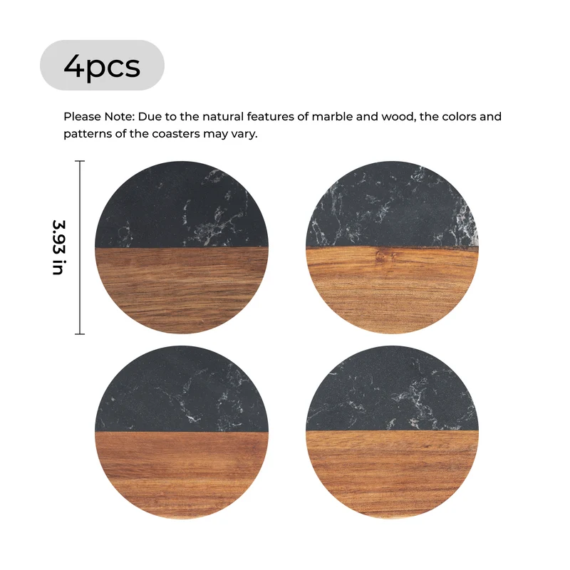 Sous-verres ronds en marbre noir et bois (4 pcs)
