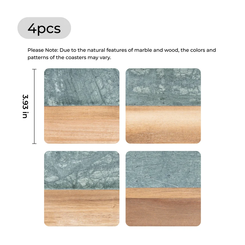 Sous-verres carrés en marbre vert foncé et bois (4 pcs)