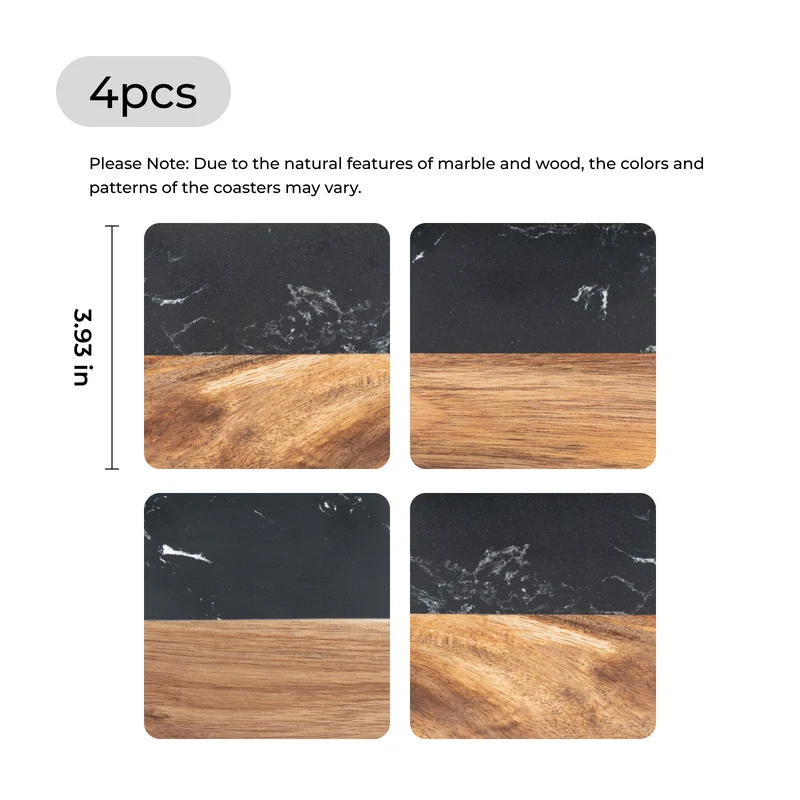 Sous-verres carrés en marbre noir et bois (4 pcs)