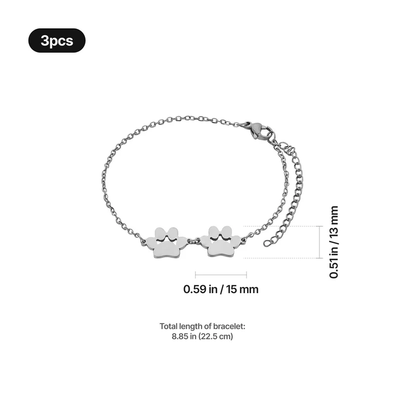 Bracelet patte de chien en acier inoxydable argenté (3 pcs)