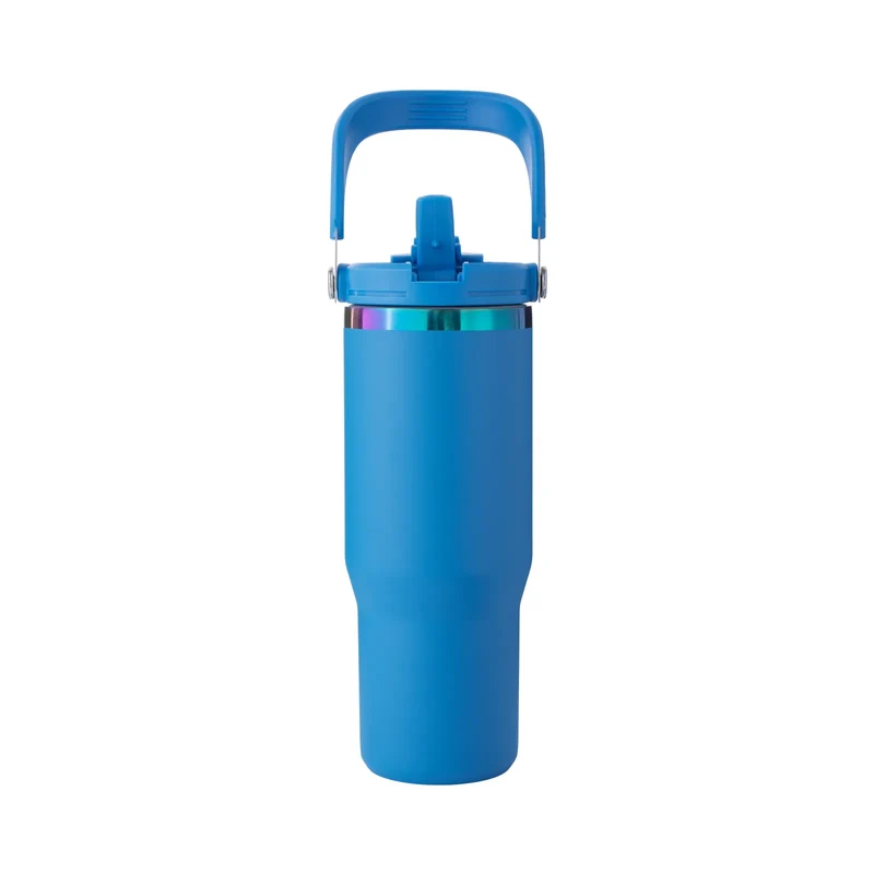 Gobelet en acier inoxydable bleu profond à irisé avec poignée et paille (0,89 L)
