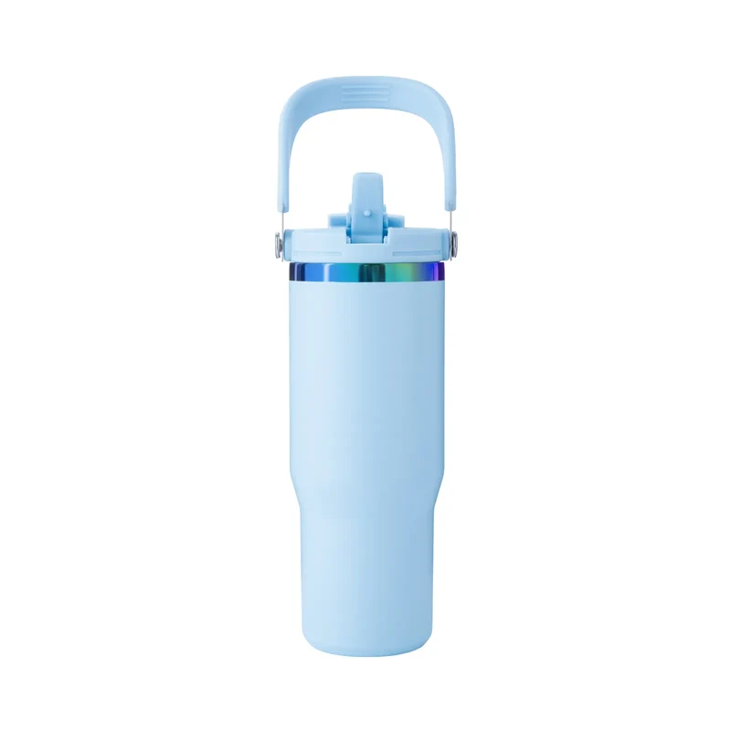 Gobelet en acier inoxydable bleu pastel à irisé avec poignée et paille (0,89 L)