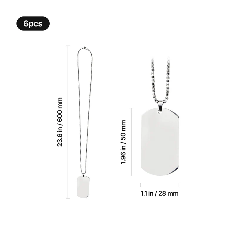 Collier pendentif militaire en acier inoxydable argenté (6 pièces)