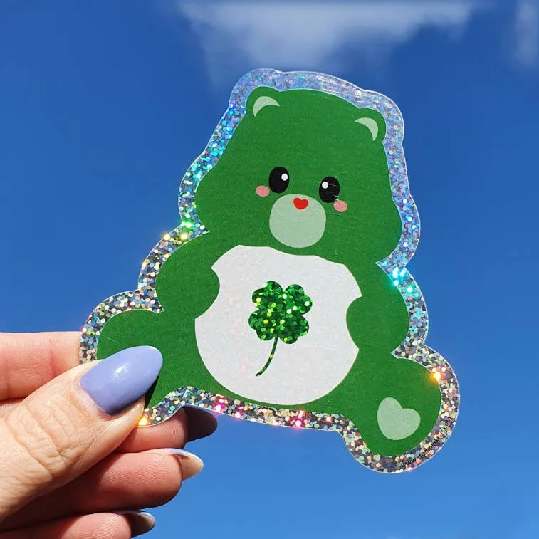 Sticker Pailleté Care Bear Bonne Chance – Autocollant Kawaii Glitter