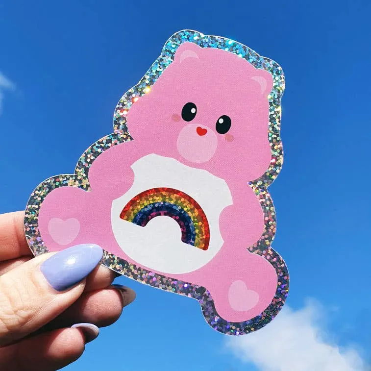 Autocollant pailleté Care Bear avec arc-en-ciel