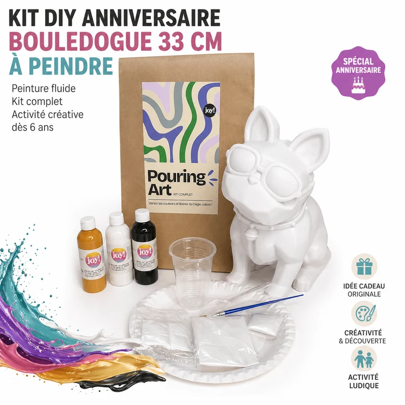 Kit Anniversaire DIY Pouring Art Bouledogue 33 cm – Figurine Géante à Peindre (Lot de 4 à 14)