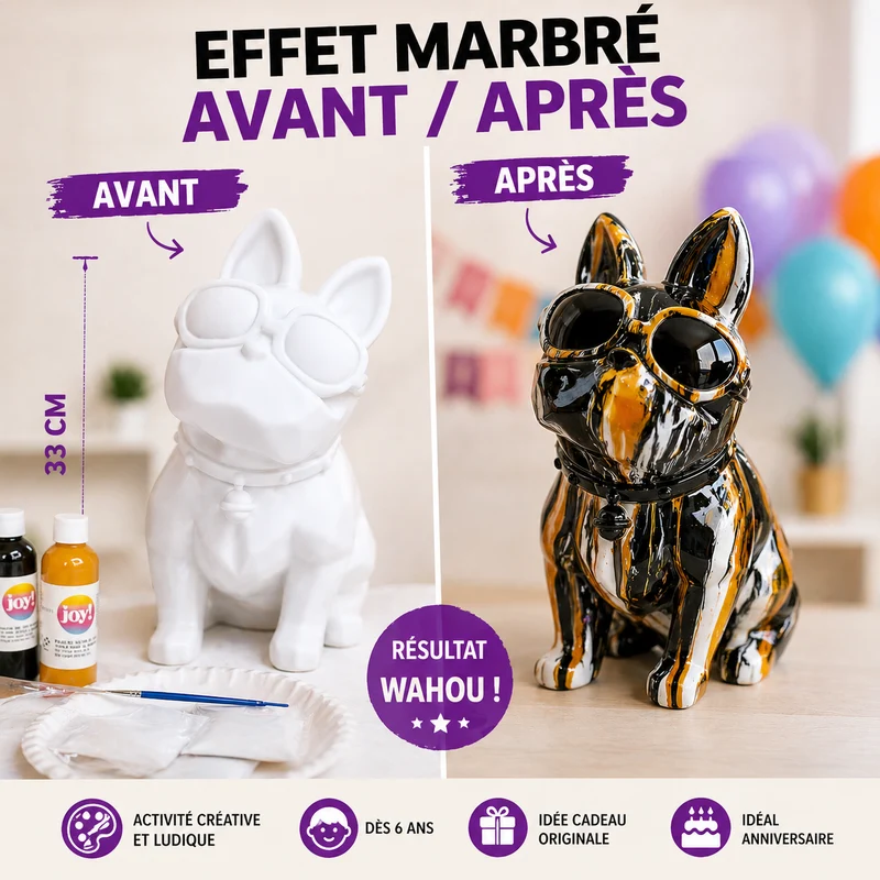 Kit Anniversaire DIY Pouring Art Bouledogue 33 cm – Figurine Géante à Peindre (Lot de 4 à 14)