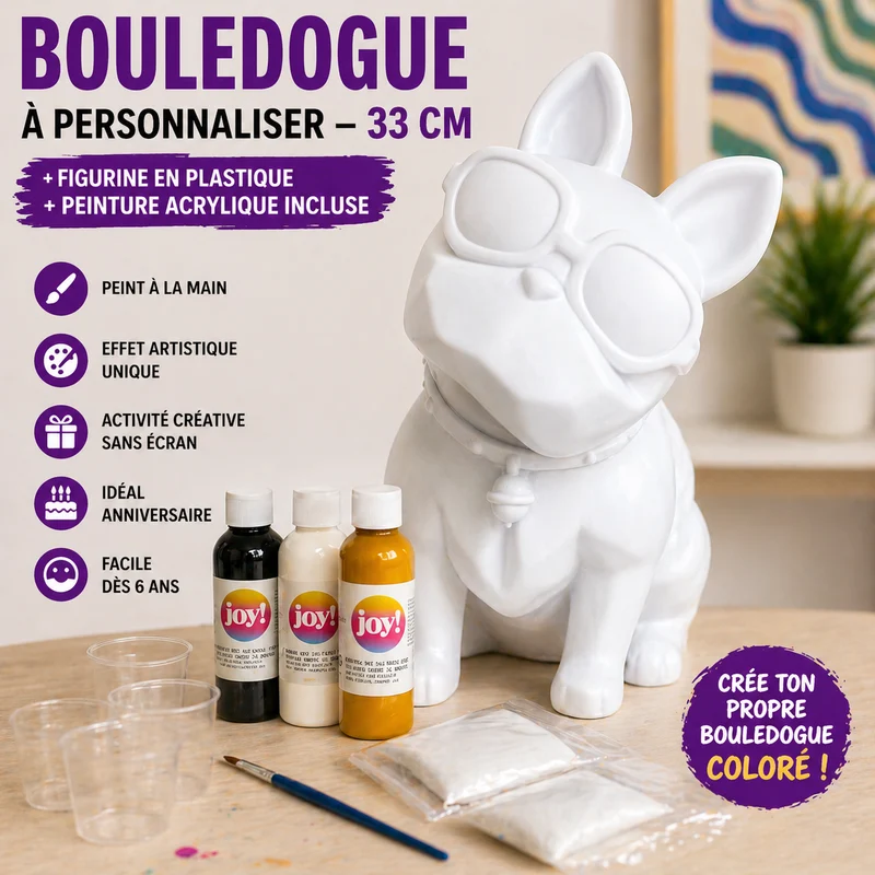 Kit Anniversaire DIY Pouring Art Bouledogue 33 cm – Figurine Géante à Peindre (Lot de 4 à 14)