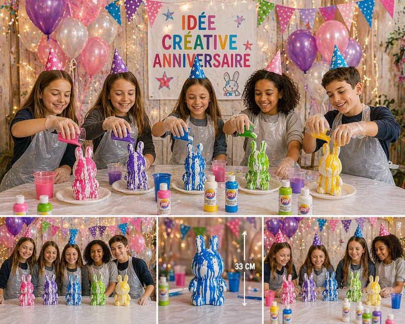 Kit Anniversaire Fluid Painting Lapin 33 cm – Figurine géante à personnaliser + 3 peintures
