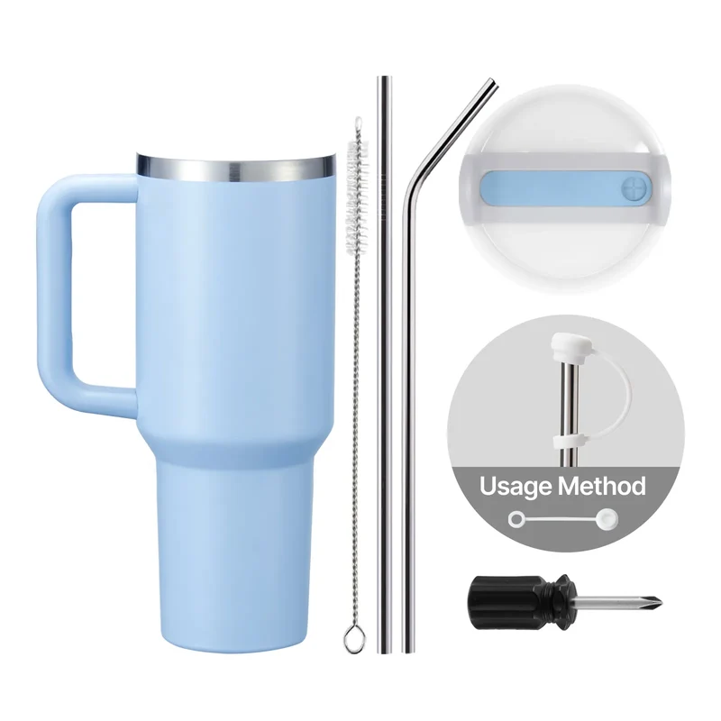 Gobelet en acier inoxydable bleu pastel à argent phosphorescent avec poignée amovible (1,18 L)