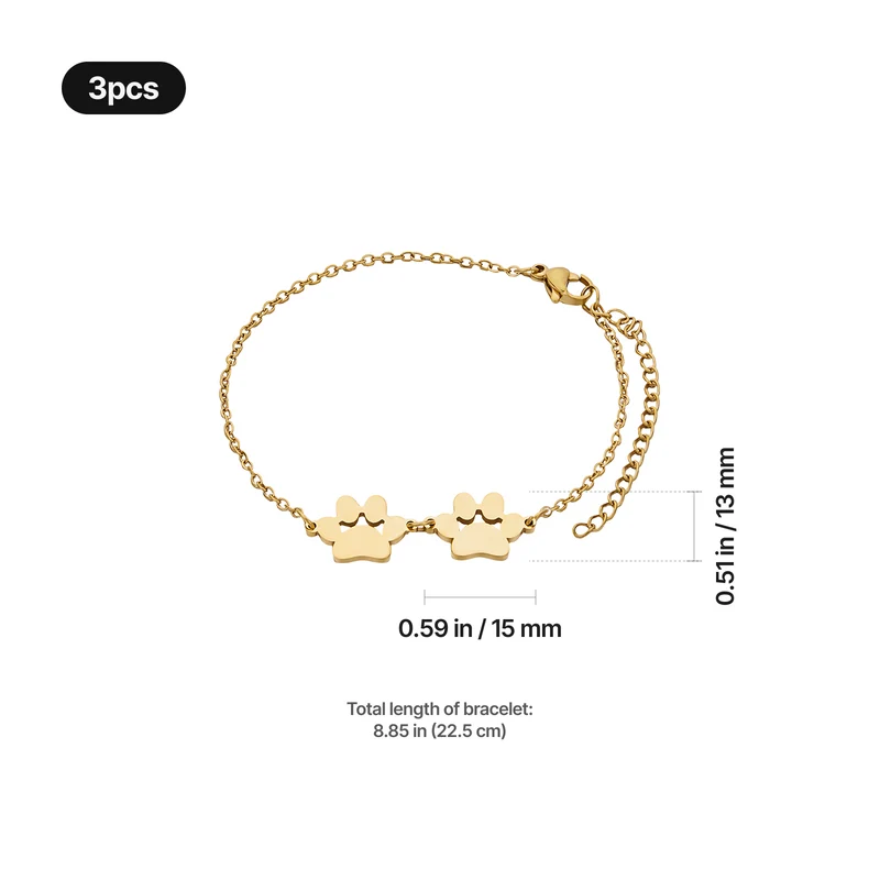 Bracelet patte de chien en acier inoxydable doré (3 pcs)