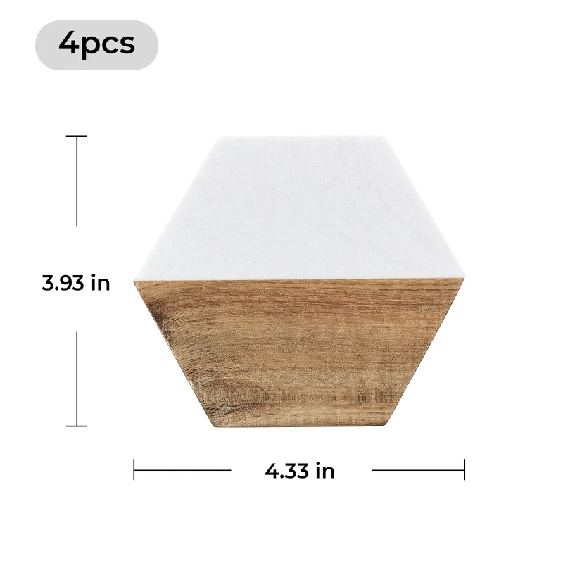 Dessous de verre hexagonaux en marbre blanc et bois (4 pcs)