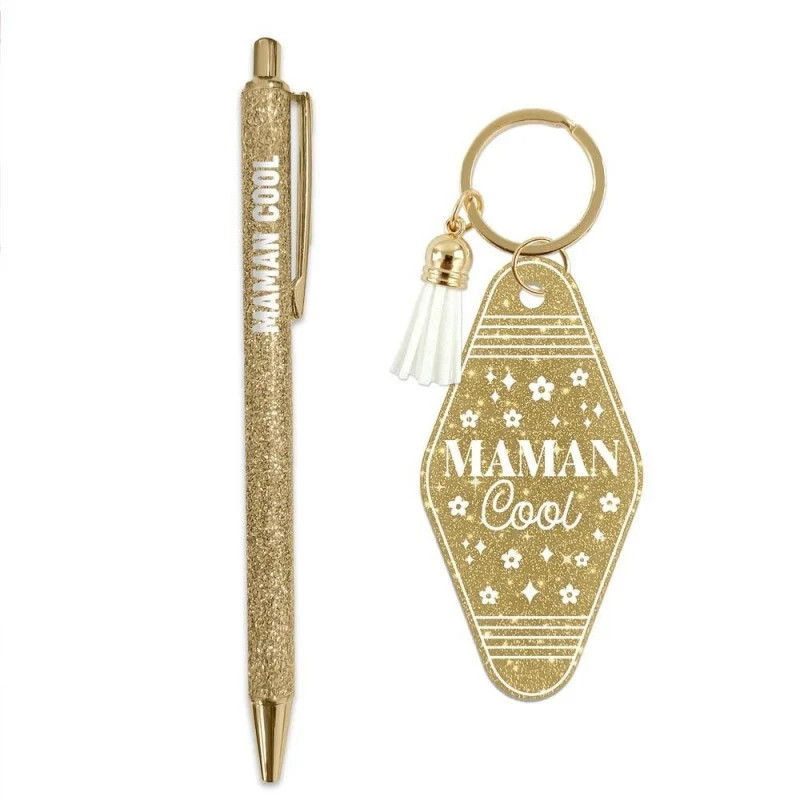 Coffret Duo Paillettes “Maman Cool” – Stylo & Porte-Clés Humoristique Femme | Girls Club