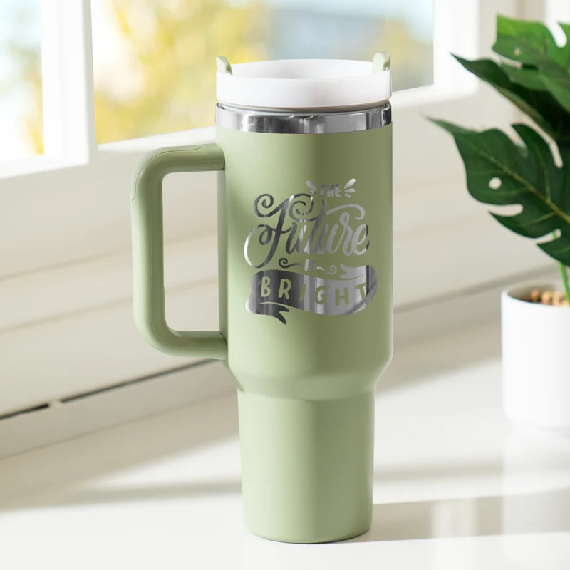 Tumbler en acier inoxydable vert armée à argent avec poignée amovible (1,18 L)