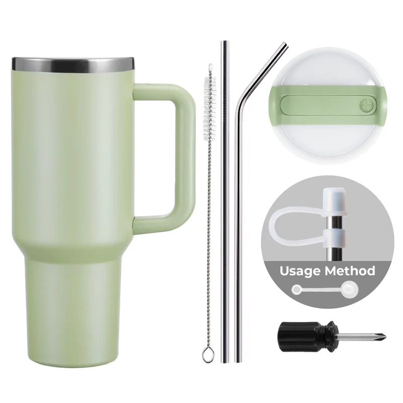 Tumbler en acier inoxydable vert armée à argent avec poignée amovible (1,18 L)