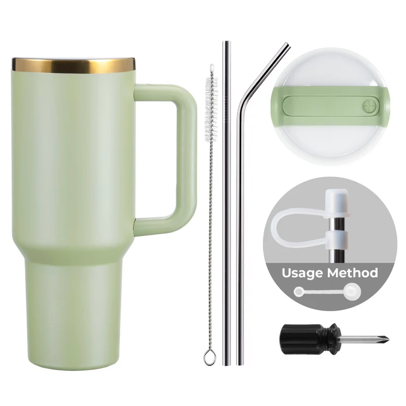 Tumbler en acier inoxydable vert armée à doré avec poignée amovible (1,18 L)