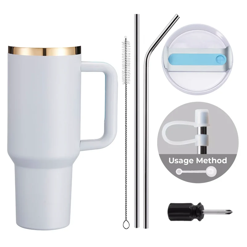 Gobelet en acier inoxydable bleu clair gris à doré avec poignée amovible (1,2 L)