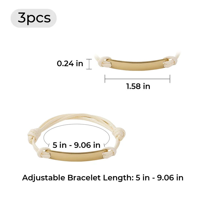 Bracelet en cordon avec étiquette rectangulaire dorée (3 pièces)