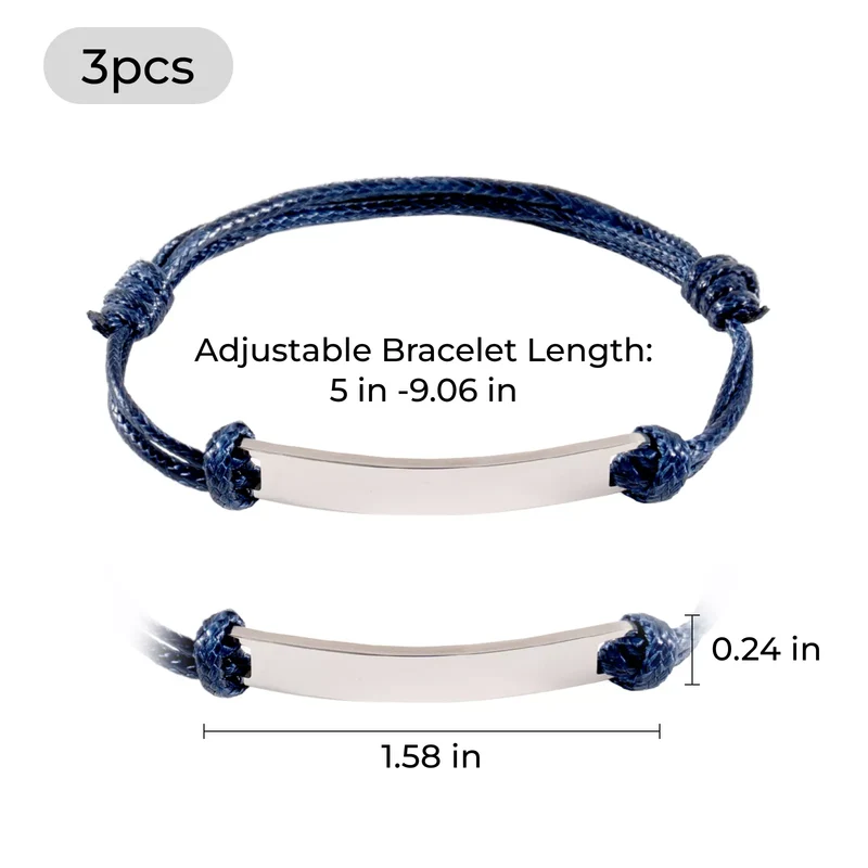 Bracelet en cordon avec étiquette rectangulaire en argent (3 pièces)